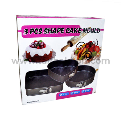 3pc Shape Spring Form Set | Teflon Coated Spring Form Heart, Round, and Square Shape Cake Baking tins/pan/Trays Moulds with Removable Base Can be Used Microwave Oven |