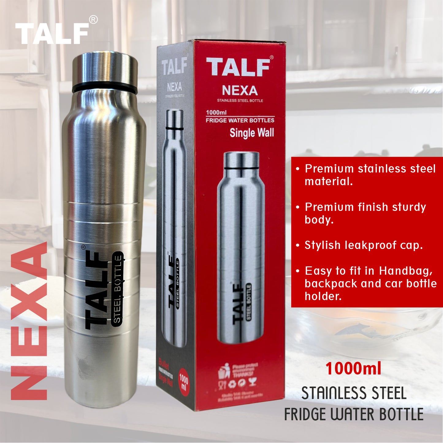 TALF NEXA Stainless Steel Water Bottle, 1000ml, Single Wall, Leakproof, fridge water bottle