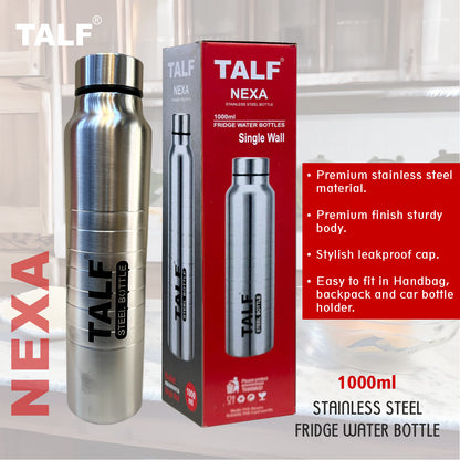 TALF NEXA Stainless Steel Water Bottle, 1000ml, Single Wall, Leakproof, fridge water bottle