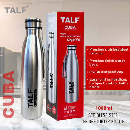 TALF CUBA Stainless Steel Water Bottle, 1000ml, Single Wall, Leakproof, fridge water bottle