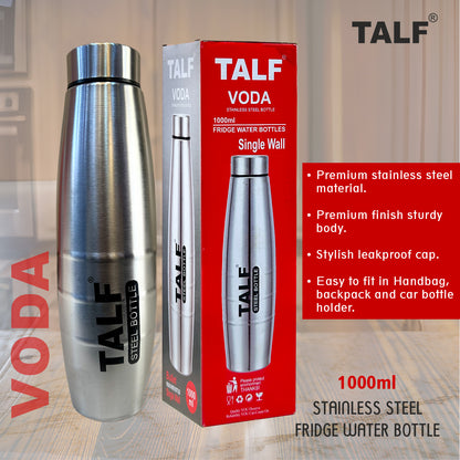 TALF VODA Stainless Steel Water Bottle, 1000ml, Single Wall, Leakproof fridge water bottle