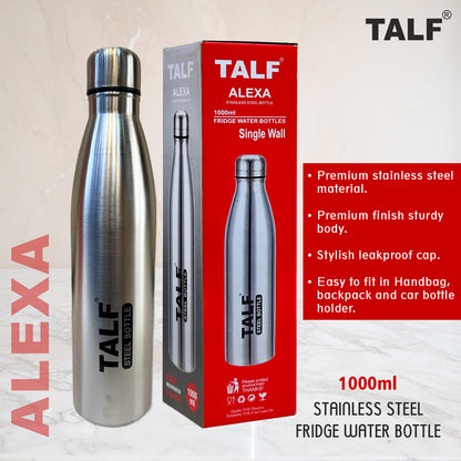 TALF ALEXA Stainless Steel Water Bottle, 1000ml, Single Wall, Leakproof, Silver, Fridge Water Bottle