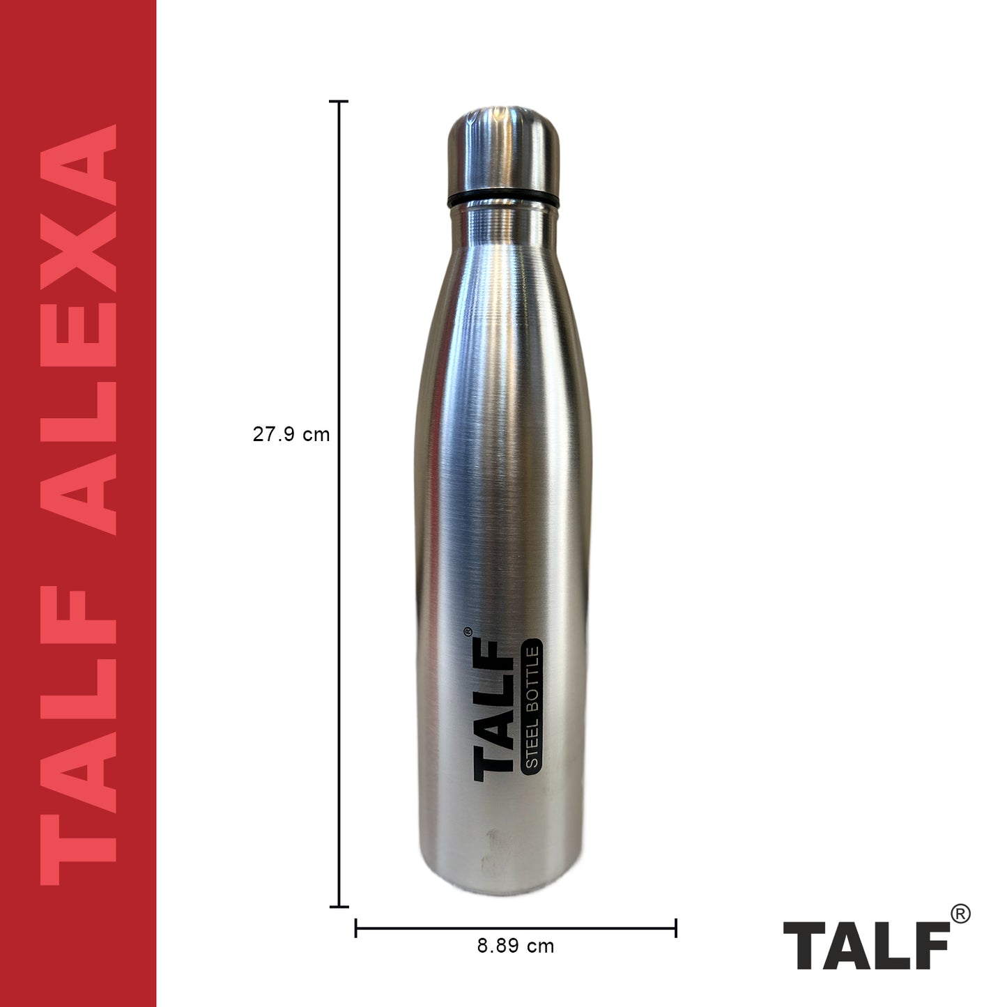 TALF ALEXA Stainless Steel Water Bottle, 1000ml, Single Wall, Leakproof, Silver, Fridge Water Bottle