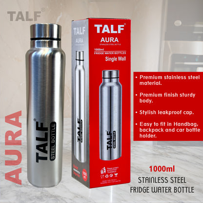 TALF AURA Stainless-steel Water Bottle, 1000ml, Single Wall, Leakproof, fridge water bottle