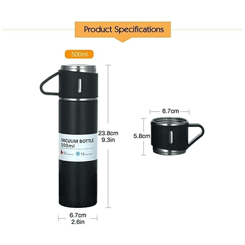 Vaccum Insulated Flask 500ml, Double Wall Stainless Steel Thermal Bottle with Lid 3 Cup for Hot & Cold Drink Water, Tea, Coffee Travel Mug Thermos